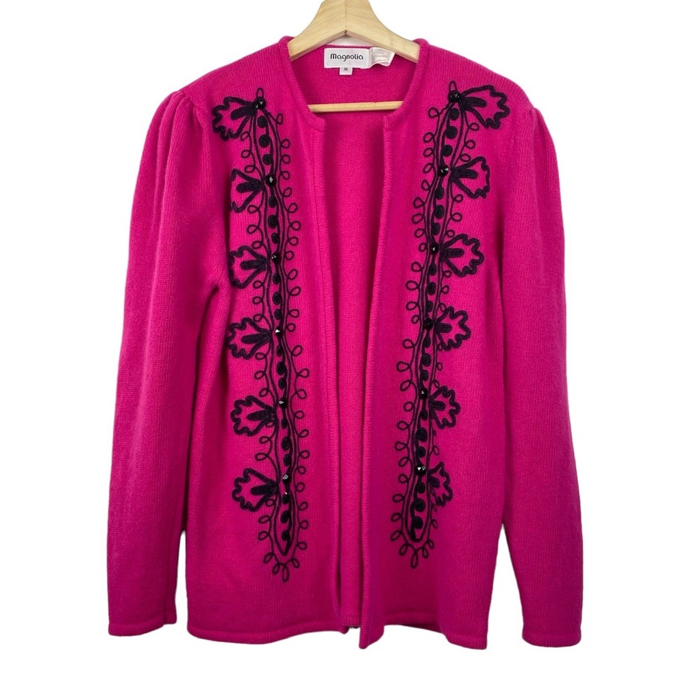 MAGNOLIA Vintage Angora/Lambswool Cardigan Sweater, Embroidered, Size Medium